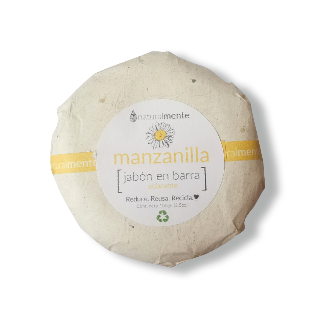 Jabón en barra aclarante de manzanilla. Es auxiliar en proporcionar un ligero y natural aclarado de cabello de manera natural.